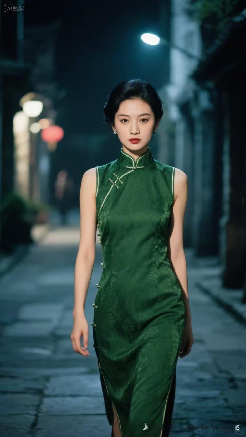 夜色如墨，绿裙如诗，她步履轻盈，古巷深处，一帧美人图悄然绽放。