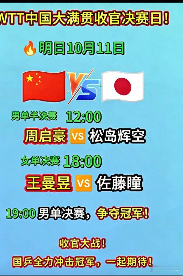 WTT中国大满贯收官日！10月11日赛程出炉🏓