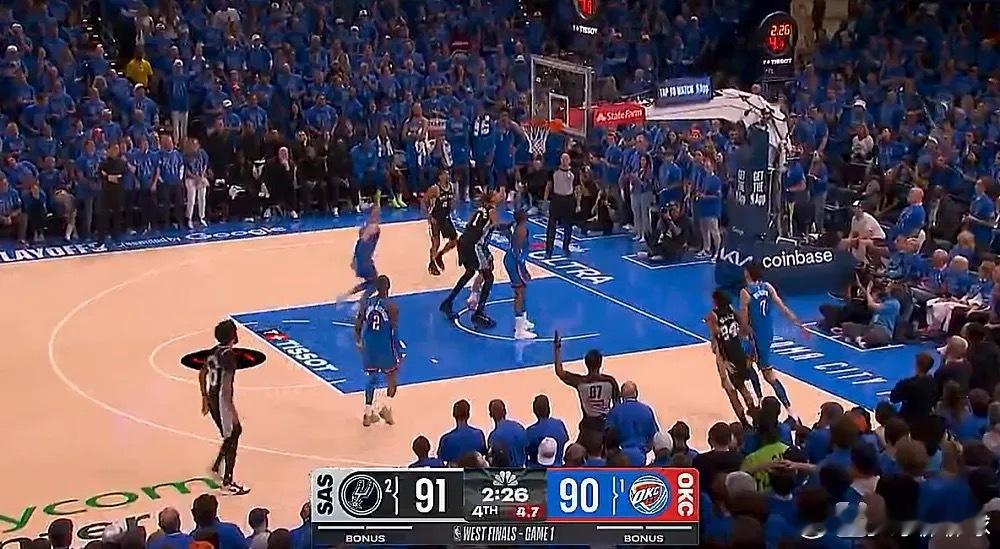 马刺vs雷霆 NBA季后赛西部决赛迎来G1较量，雷霆主场迎战马刺。末节还剩3分钟