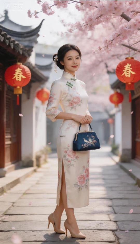 旗袍雅致衬娇容，
白底鲜花显风情。
旗袍雅韵，喜迎新春。
百年传承，推陈出新。