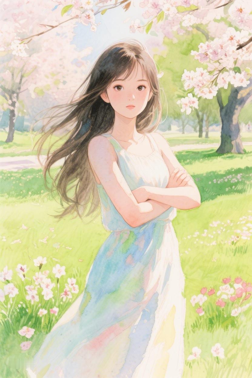 AI随心绘春日里，花海间，少女静静伫立，似在思索，每朵花都藏着时光的秘语啊