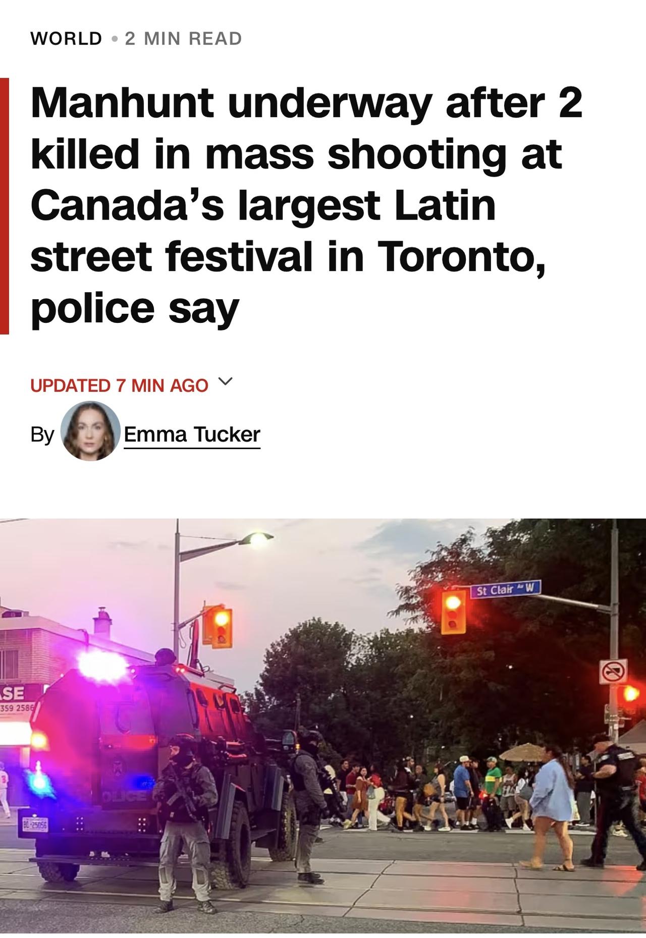 加拿大警方称，至少两人死亡，多人受伤，此事件发生在多伦多最大街头节庆活动之一，一