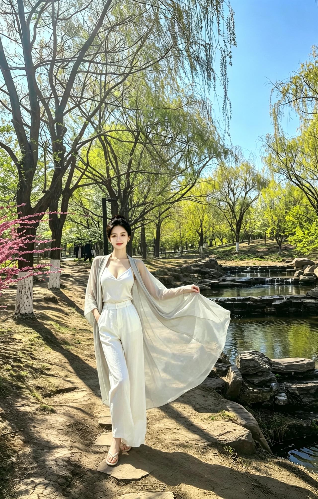 春岸
 
柳岸晴光拂软风，
轻绡漫曳映溪红。
人如素月临春水，
半在烟光半在空。