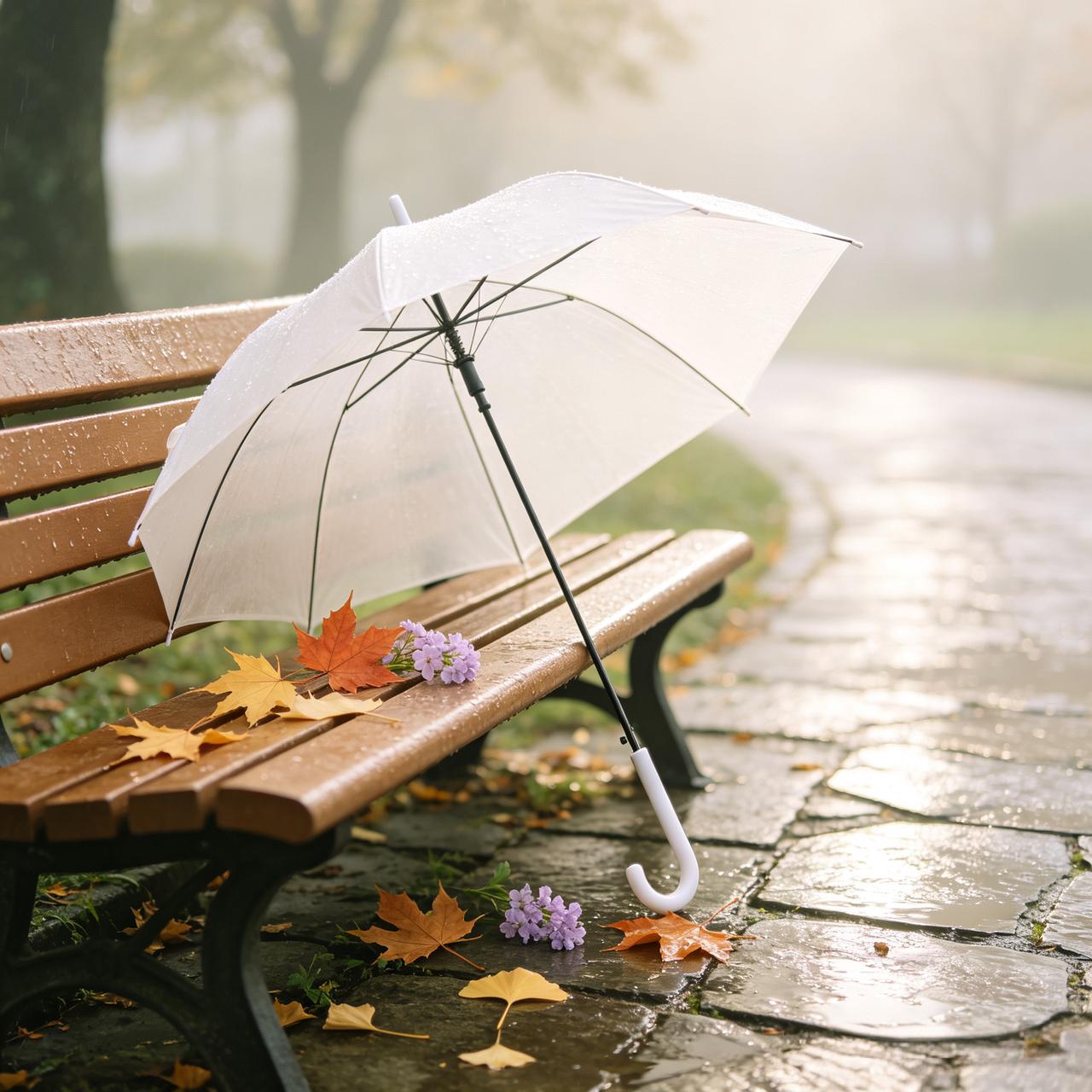 ​
一把伞，收留了秋天。
​
长椅上，有落叶留下的信。

雨停以后，还会有人来坐