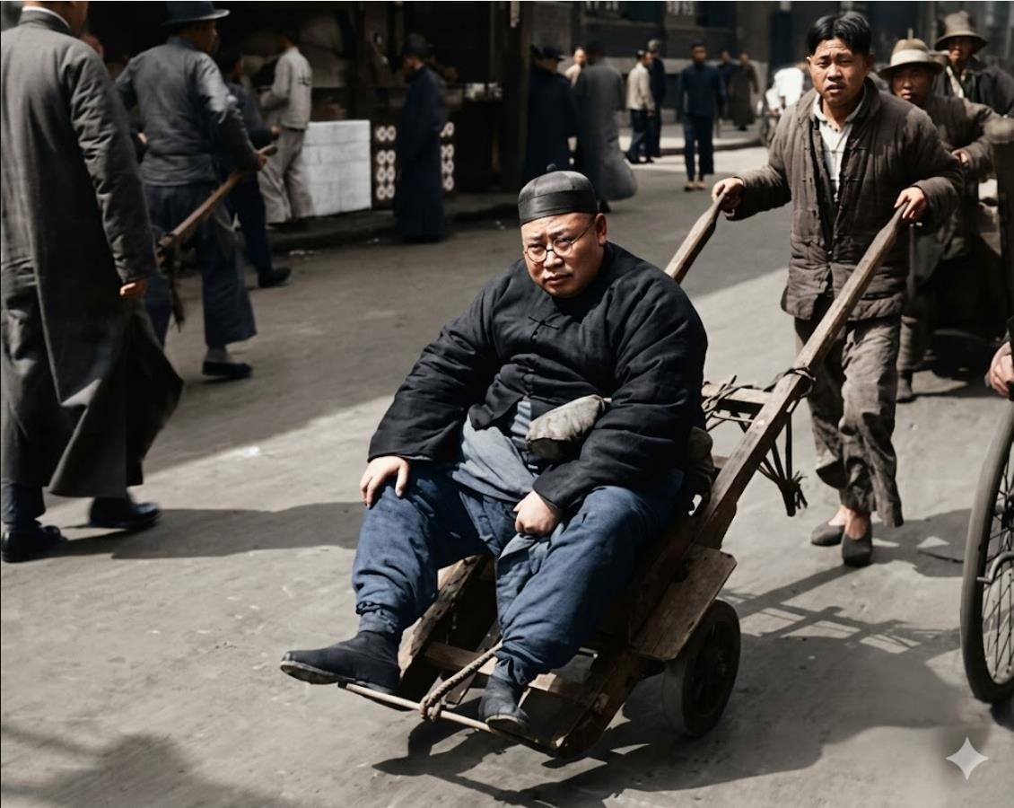1938年，上海街头，车上是一位体态富态、戴圆框眼镜、头戴瓜皮小帽的商铺老板，身