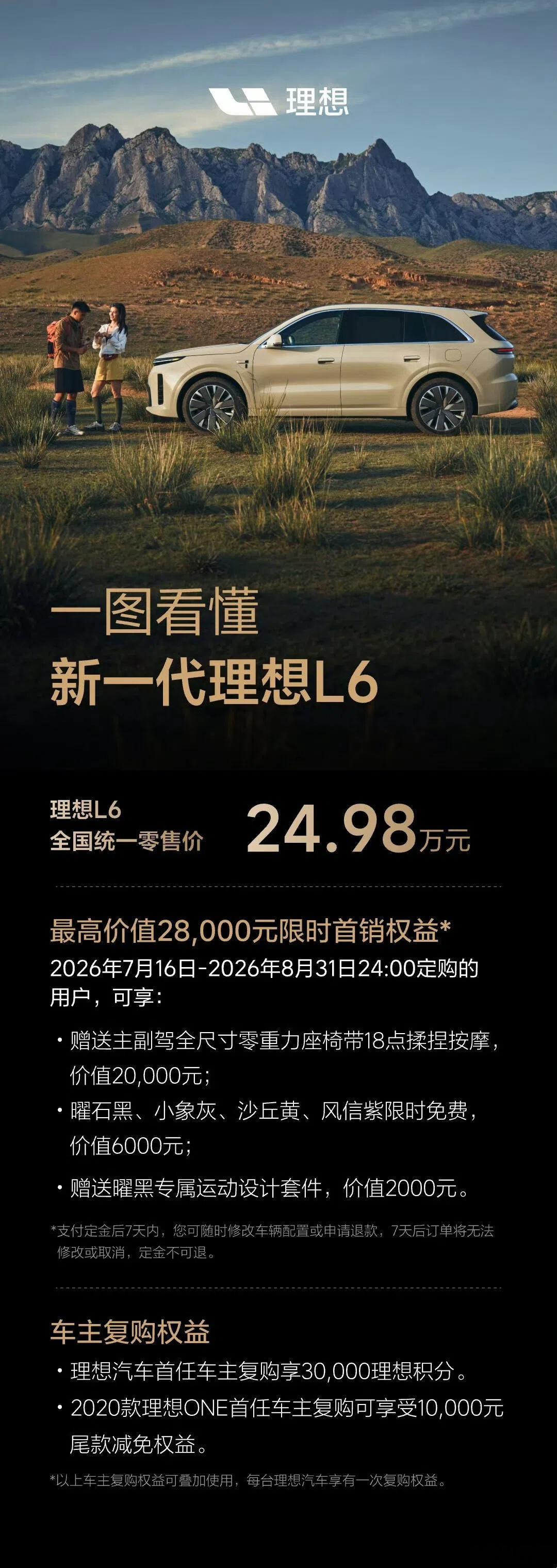 新一代理想L6上市 新一代理想L6的价格也公布了，全国统一零售价24.98万元，