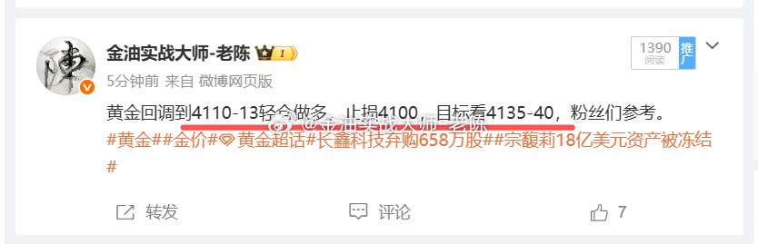黄金4110-13做多，金价上涨到4119，粉丝们可以先减仓，稳健者赚钱出货，今