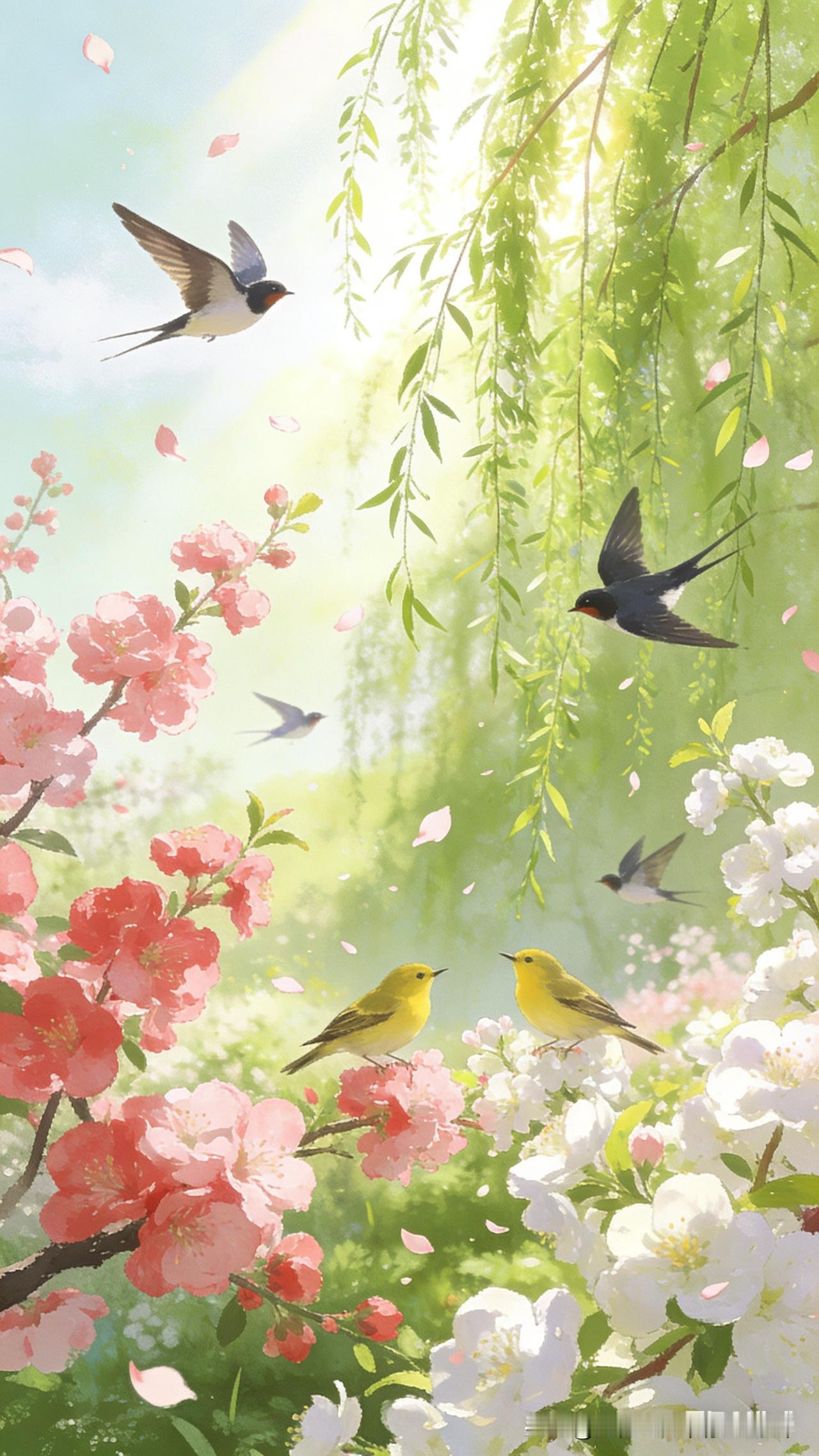 莺歌燕舞春光媚，柳绿花红醉心扉。
清风拂面暖意浓，不负韶华赏春晖。✨