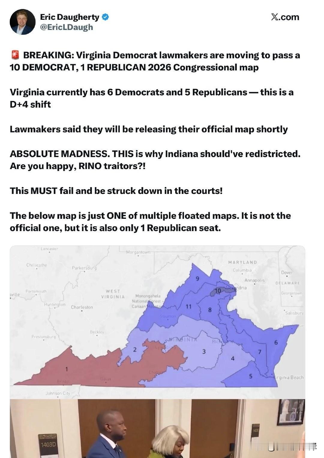 🚨 突发新闻：弗吉尼亚州民主党议员正推动通过一份2026年国会选区地图，该地图
