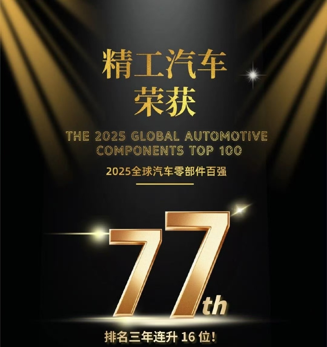2025全球汽车零部件百强榜第77名是来自长城汽车旗下的精诚工科汽车系统公司。精