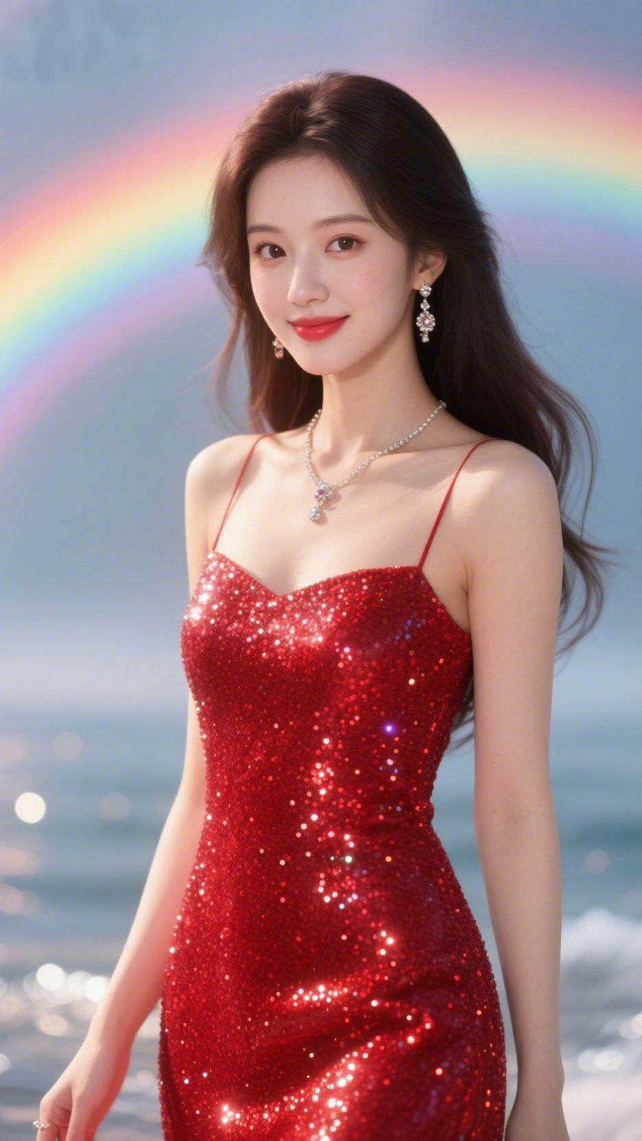 红裙裹尽虹与风
 
海风吹皱浪尖时，这抹红像收了光的虹，落进满缀星芒的裙裾里。