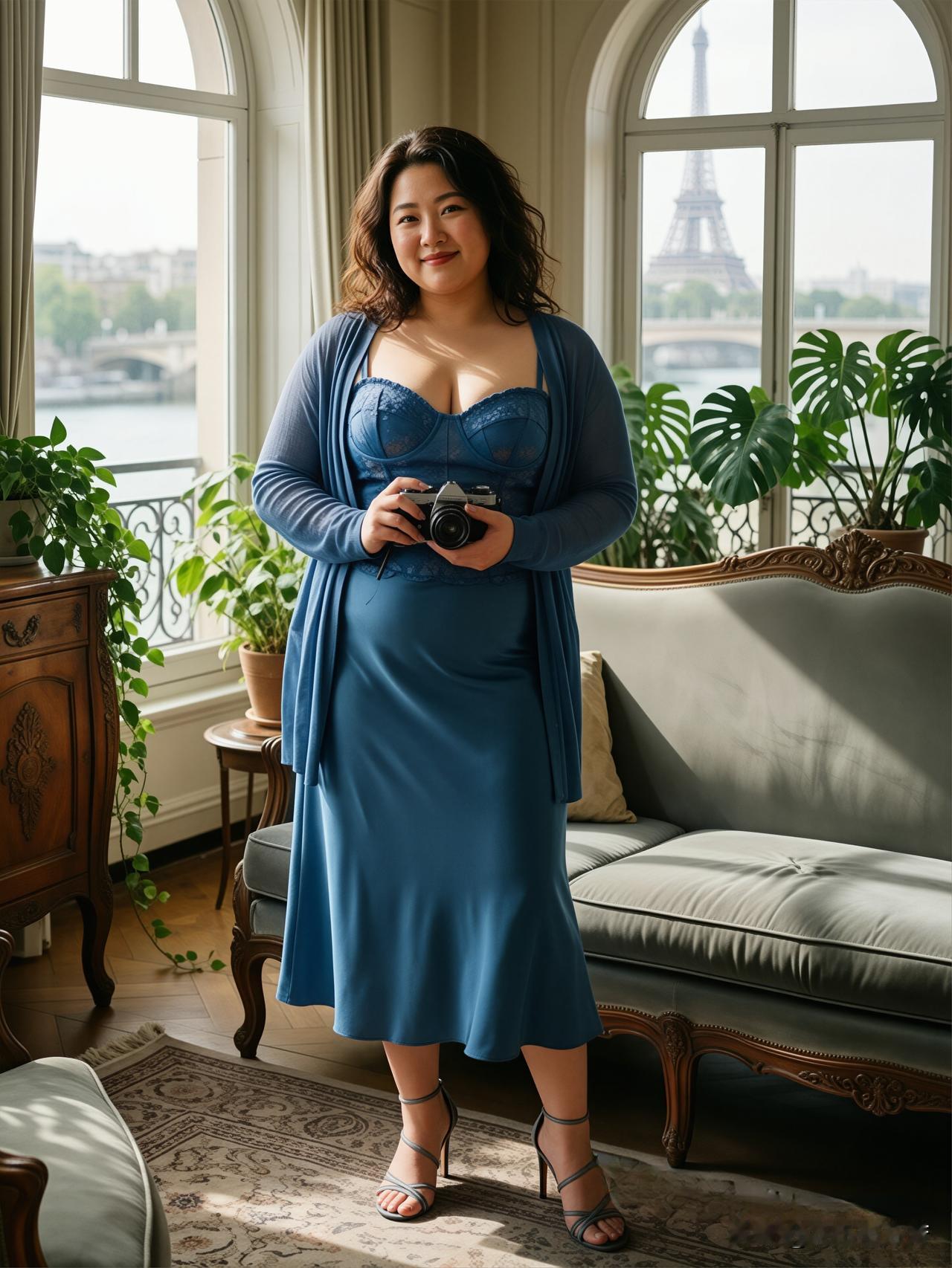 当塞纳河畔的晨光漫过窗棂，这件蓝色提花胸衣与缎面半裙的碰撞，恰似温柔与浪漫的私语
