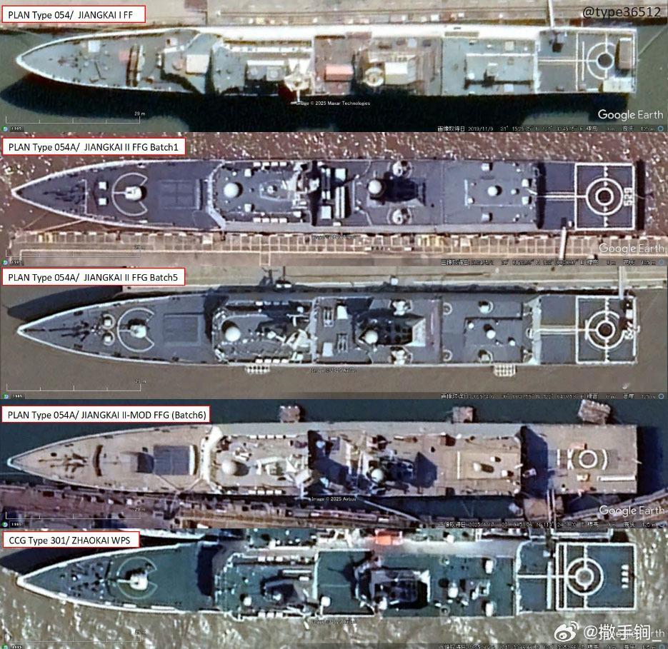 外网根据卫星图像对比中国海警301型执法舰与中国海军054系列护卫舰，称前者的船