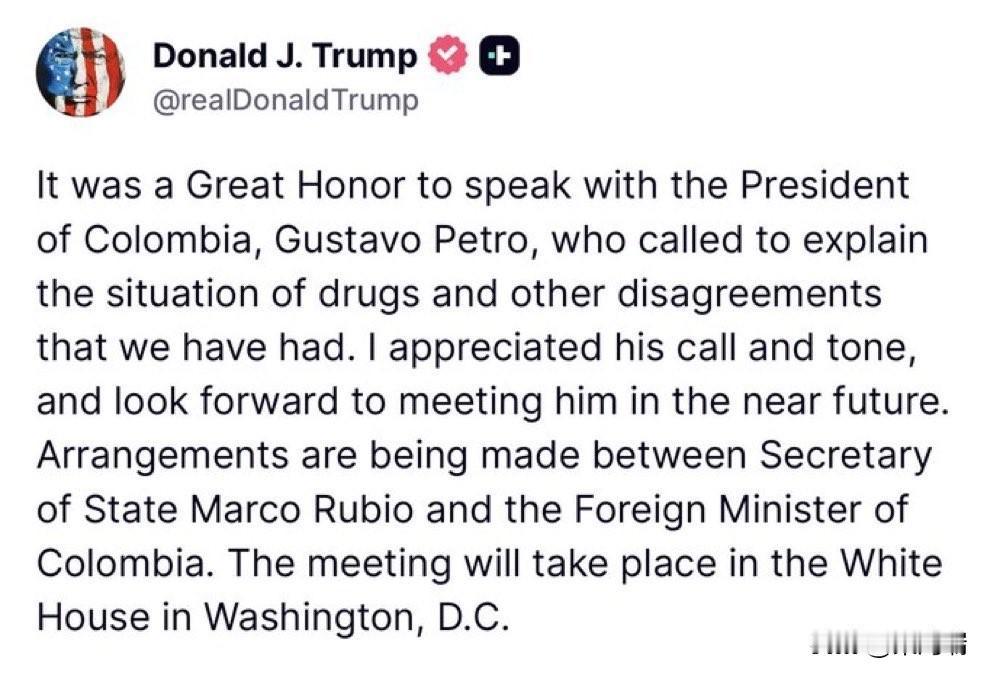 突发事件：唐纳德·特朗普总统关于他与哥伦比亚总统古斯塔沃·佩特罗的通话，以及双方