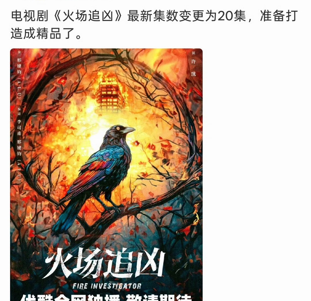 许凯《火场追凶》最新集数变更为20集 ，准备打造成精品了 