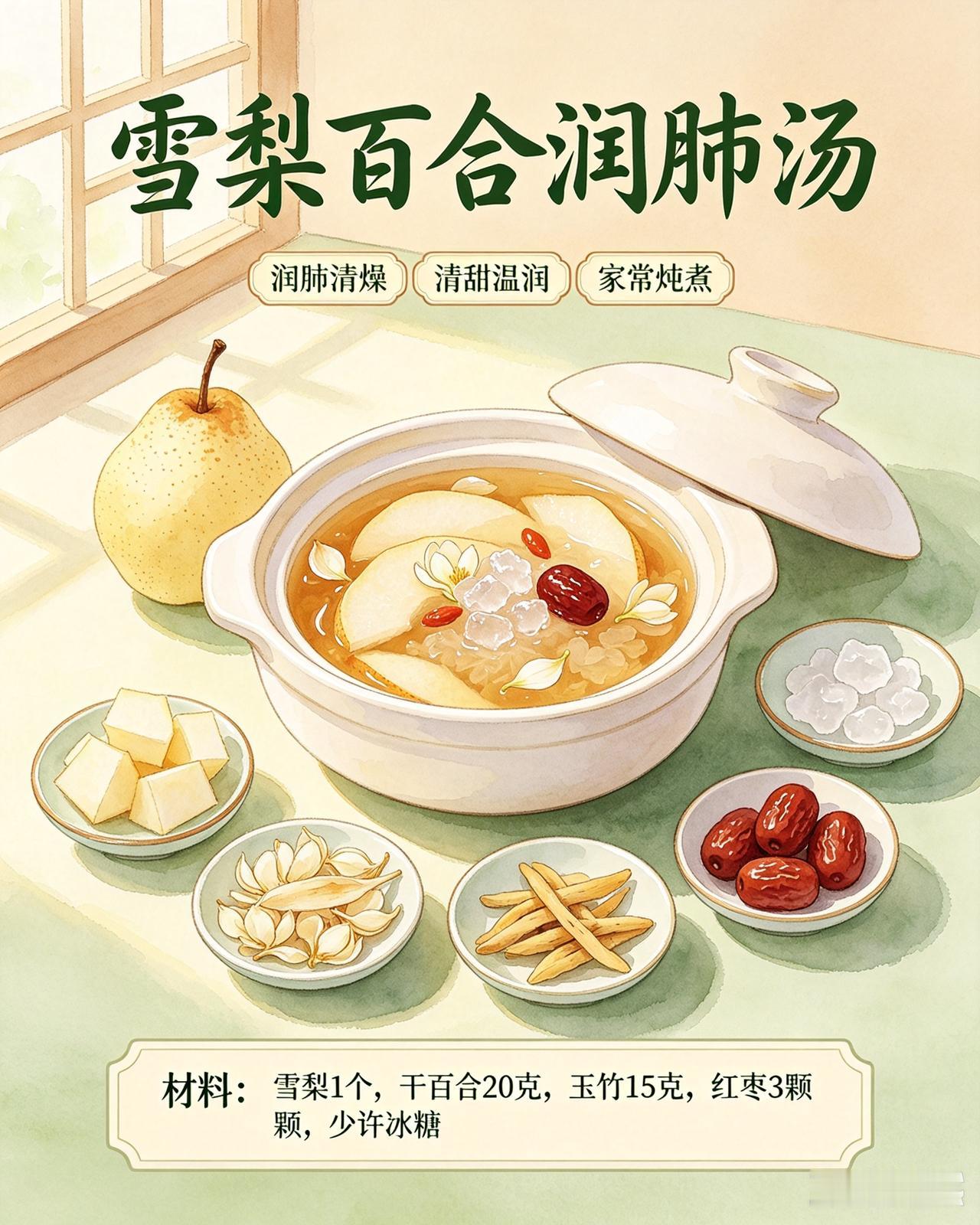 雪梨百合润肺汤
 
材料：雪梨1个，干百合20克，玉竹15克，红枣3颗，少许冰糖