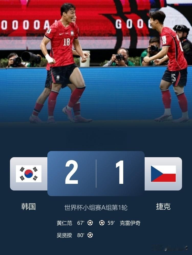 亚洲之光，韩国2-1力克捷克取得开门红！

在刚刚结束的世界杯小组赛韩国与捷克的