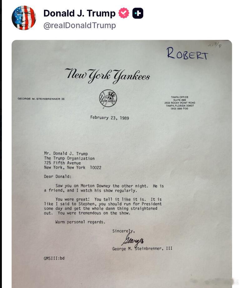 【黄金时代】川普刚刚发布了一张照片，照片上是1989年洋基队传奇老板乔治·M·斯