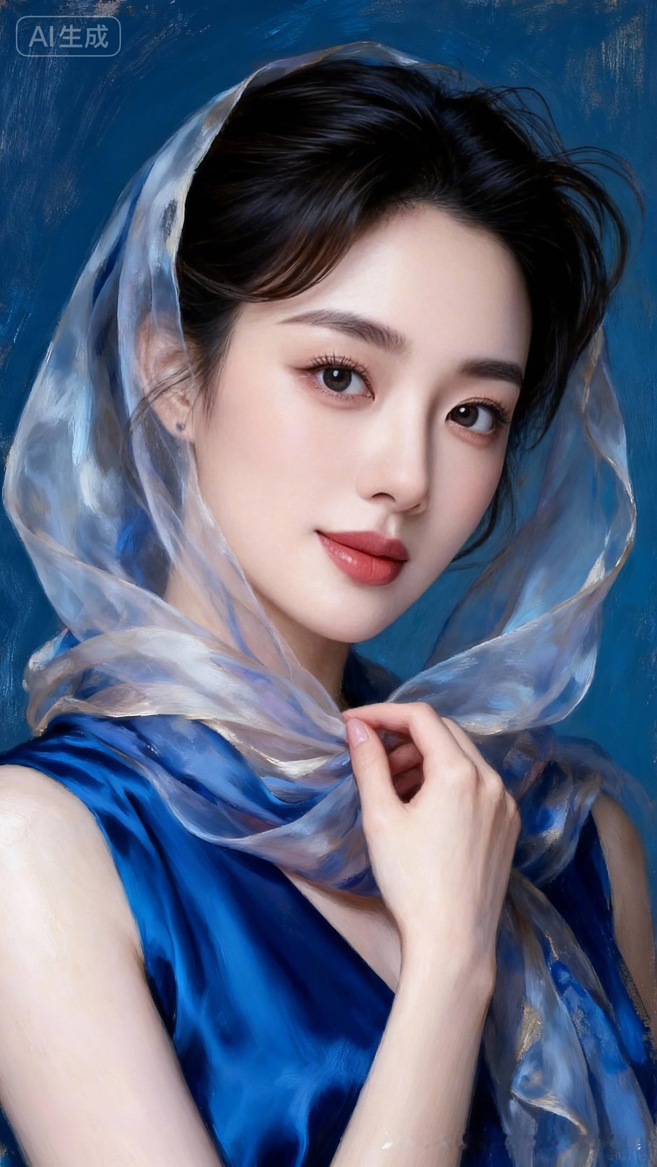 28岁亚洲女子，肤若凝脂，五官精雕。妆容典雅，双眸含情，玉指轻拢纱巾，发丝与绸缎