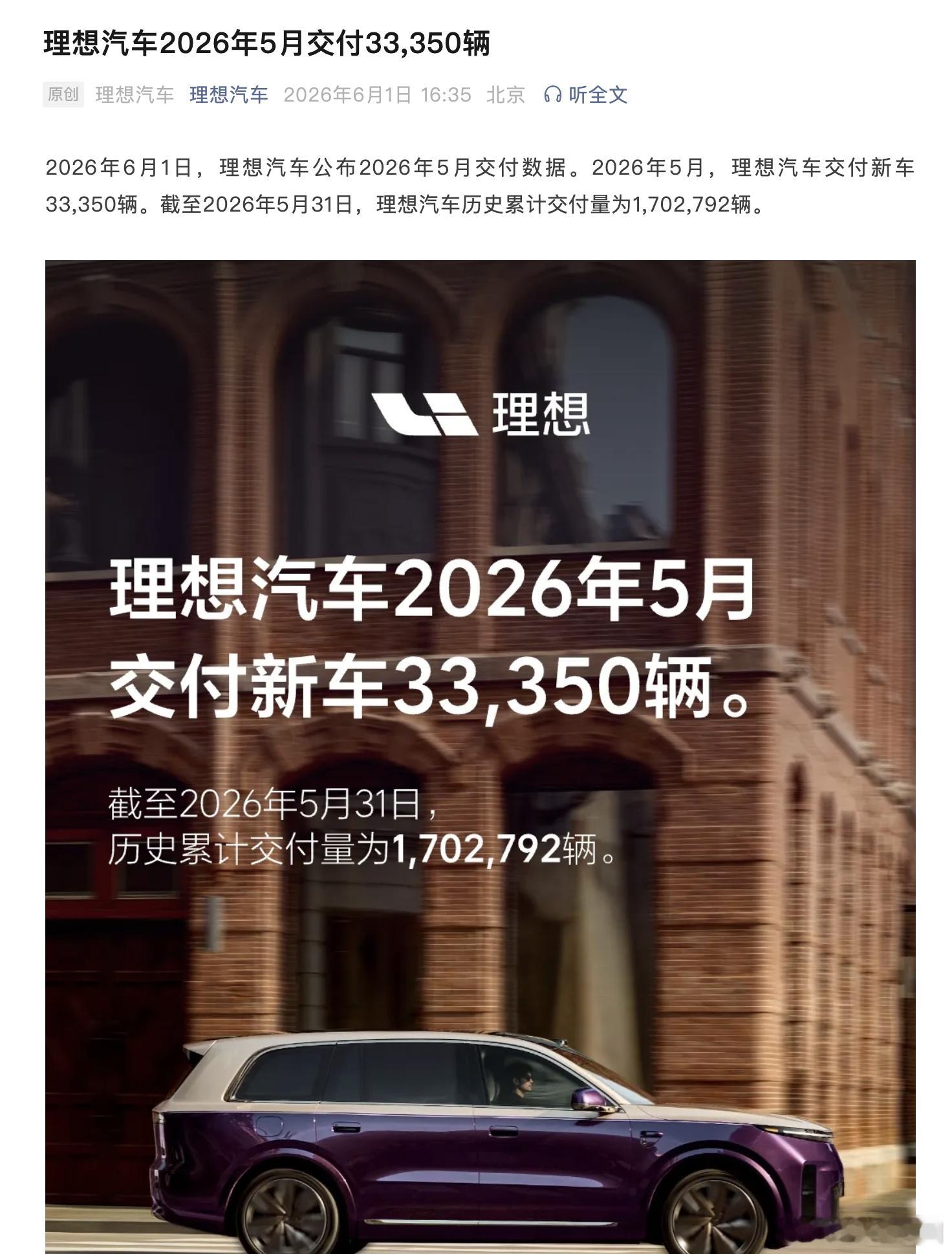 理想汽车的销量来了，2026年5月，理想汽车交付新车33,350辆汽场全开新能源