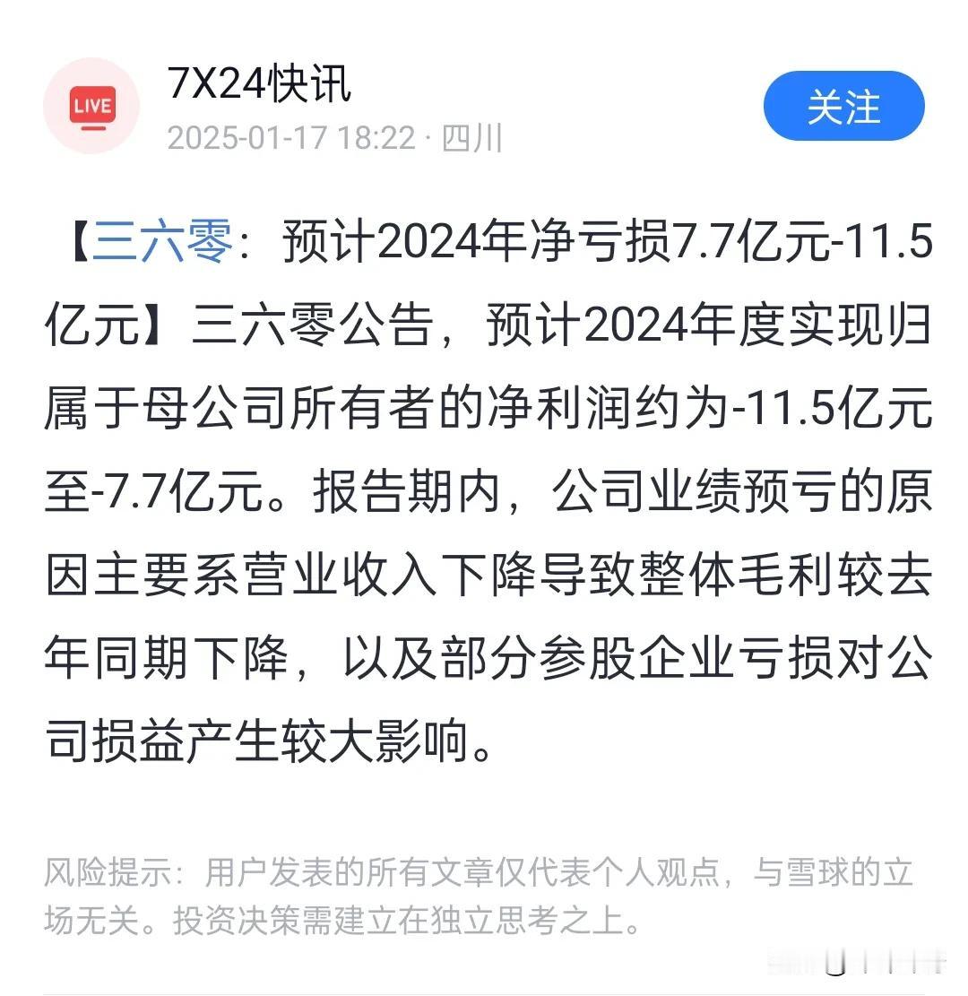 三六零公司预计亏损7.7亿至11.5亿元。

难怪周老板进军网红圈了，原来是公司