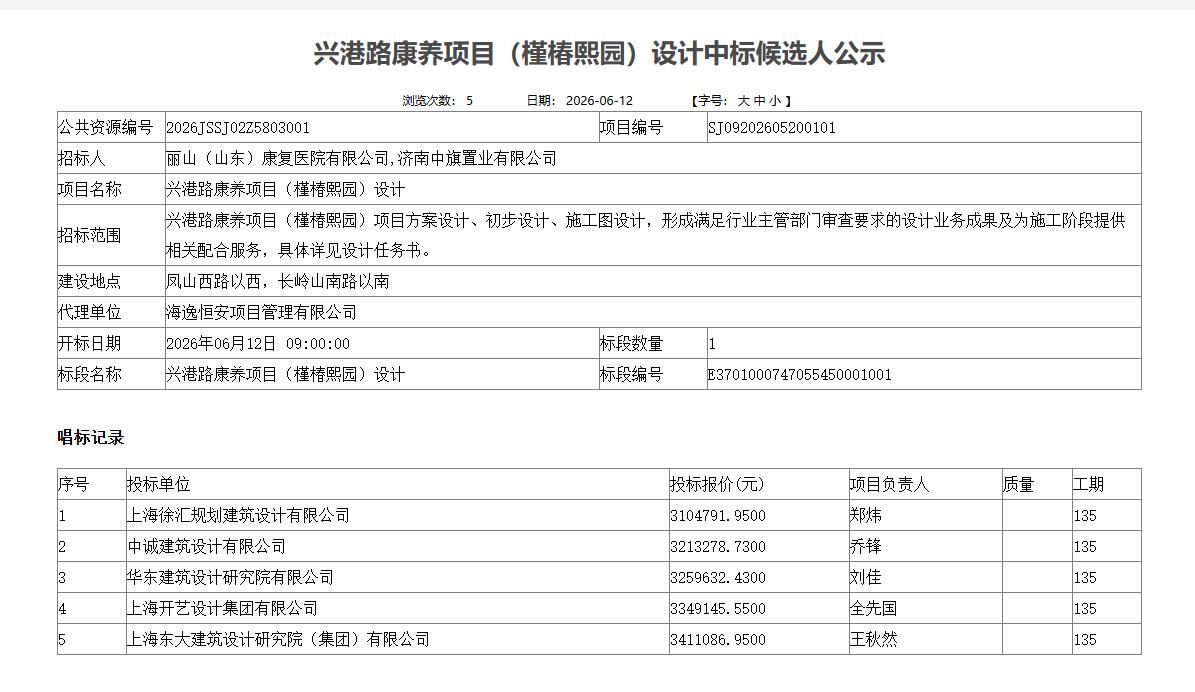 长岭山养老院槿春熙园发布招标设计中标公告，项目位于玖玺广场以东，凤山西路以西，剩