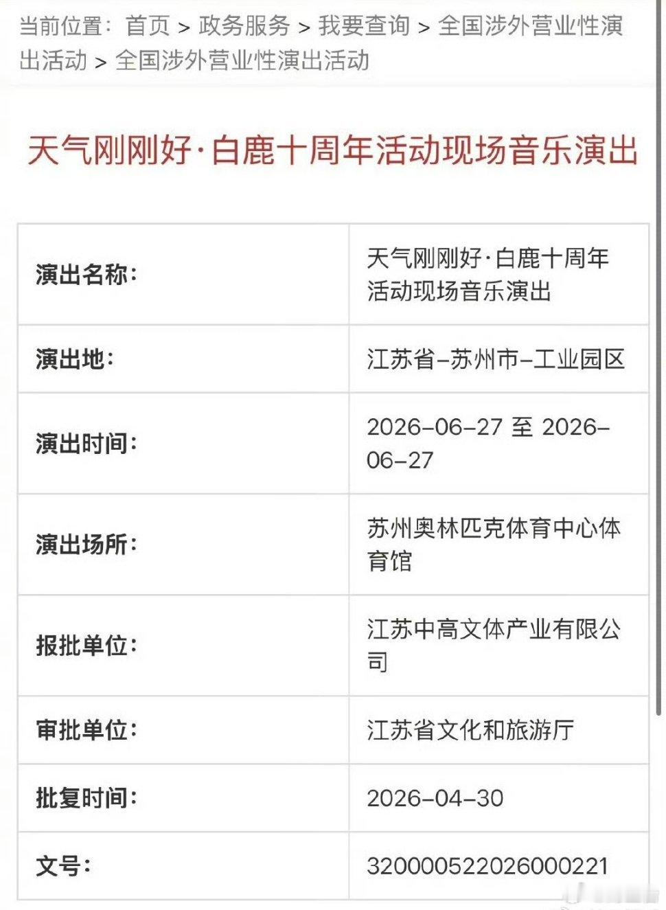 白鹿演唱会过审其实是出道十周年见面会《天气刚刚好》正式获批啦，不是传统大型演唱会