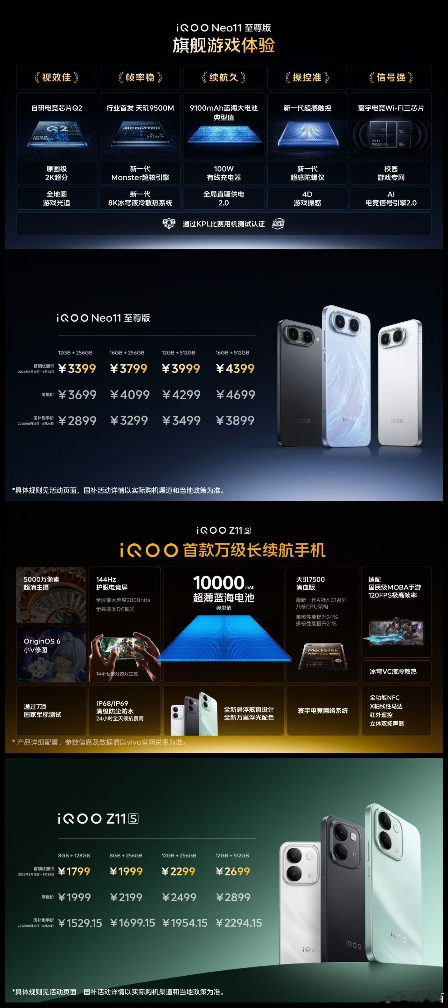 iQOO Neo11至尊版（国补到手价）12+256G：2899元16+256G