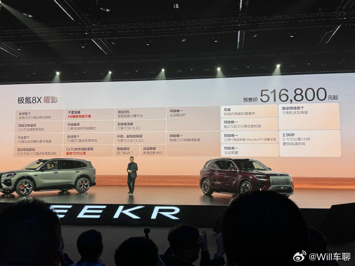 极氪8X顶配曜影，预售价51.68万起。三电机，2.96秒零百，70度6C混动电
