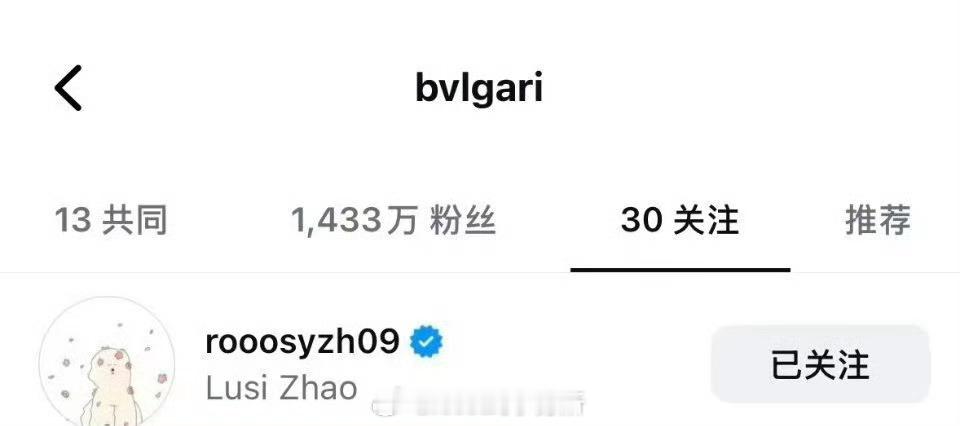 宝格丽Ins刚关注了赵露思 这几天合作很频繁看来是很满意 