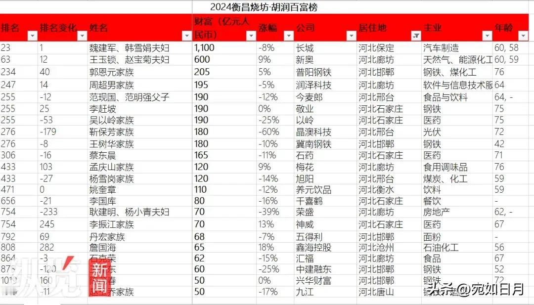 【城市快讯】最新公布！“河北队”22名企业家上榜2024胡润百富榜，石家庄5家企