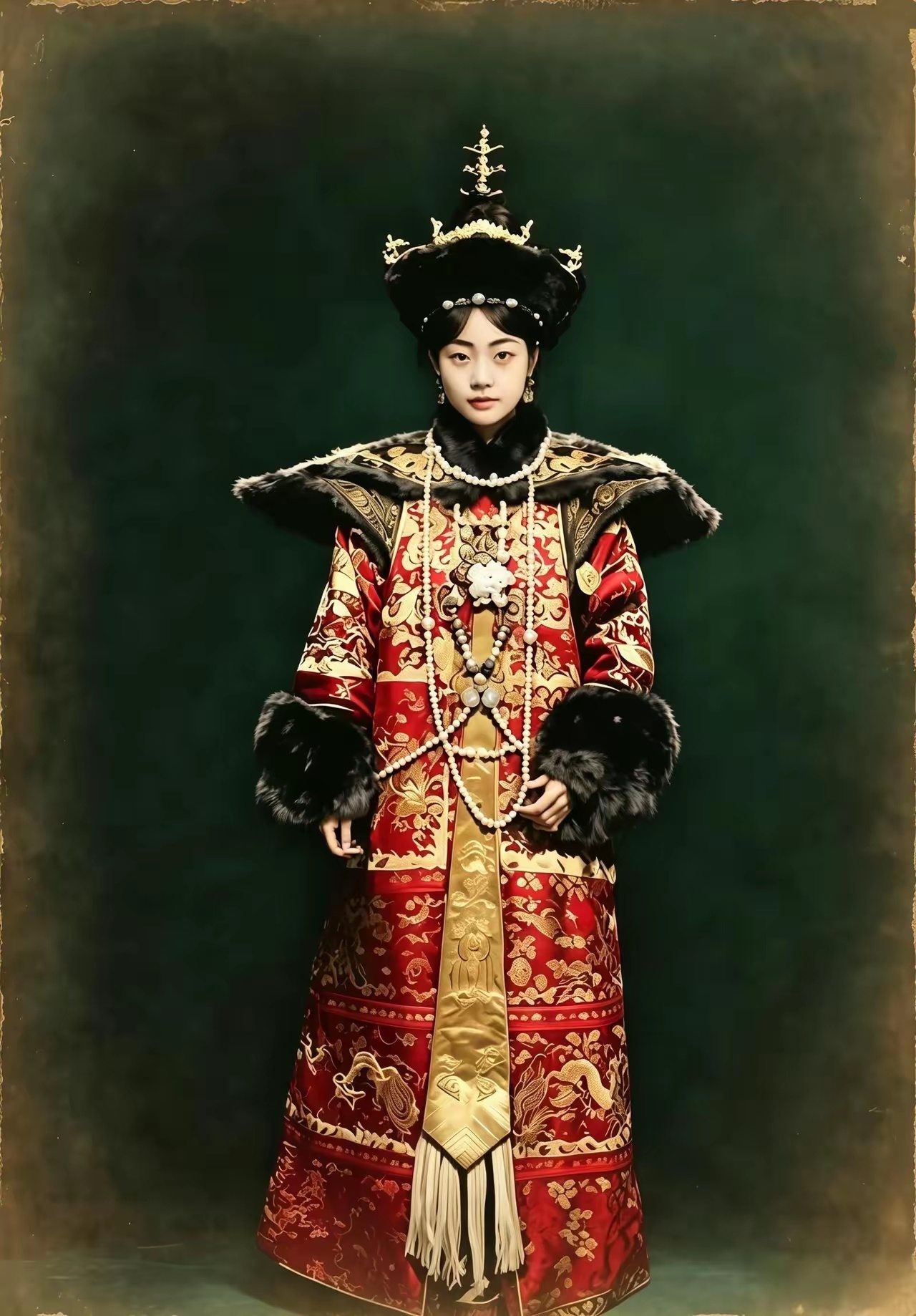 这是十六岁的婉容头戴三层金凤朝冠，珠光宝气压得人几乎睁不开眼。眉眼尚带着少女的青