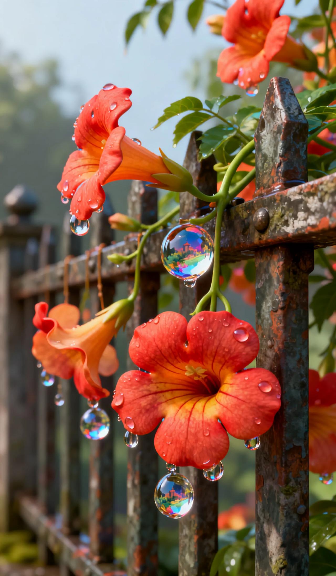 这凌霄花上的水珠，跟装了迷你景观似的，日常里的小惊喜。