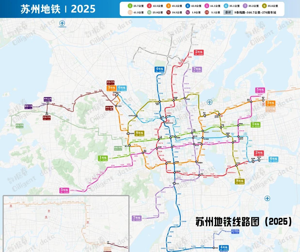 苏州地铁线路图（2025版）
右滑看细节→：
【1号线】：木渎站-钟南街站 25