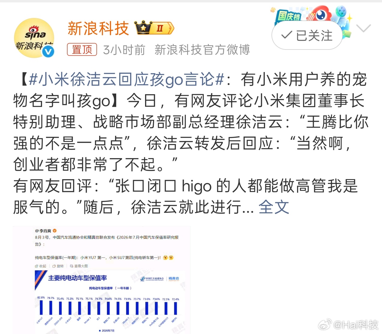 你们怎么看_____？说实话我是不懂的，基本上没有直接竞争的车型……小米徐洁云回