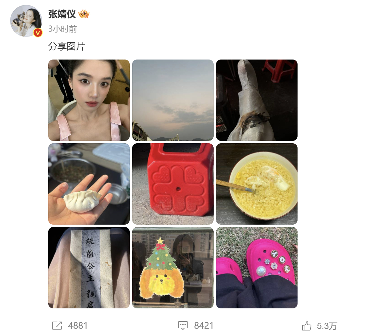 张婧仪烤火把衣服烧了  张婧仪粉红色镶钻拖鞋  张婧仪更新日常，烤火烤着把衣服给