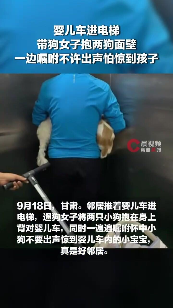 甘肃一个小区电梯里，邻居推着婴儿车进来，旁边遛狗的女子一看，马上把两只小狗抱进怀