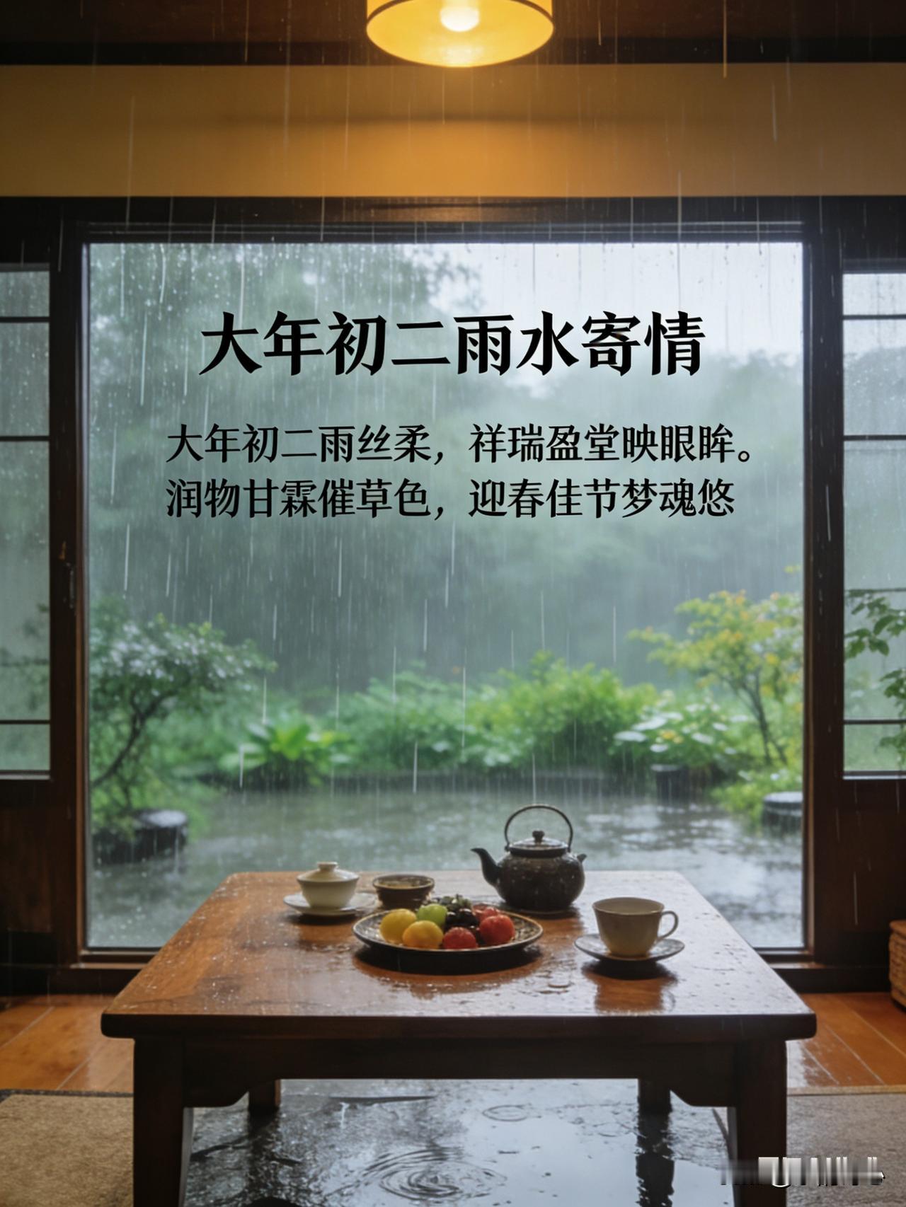《大年初二雨水寄情》乐韵诗心原创诗词:
大年初二雨丝柔，
祥瑞盈堂映眼眸。
润物