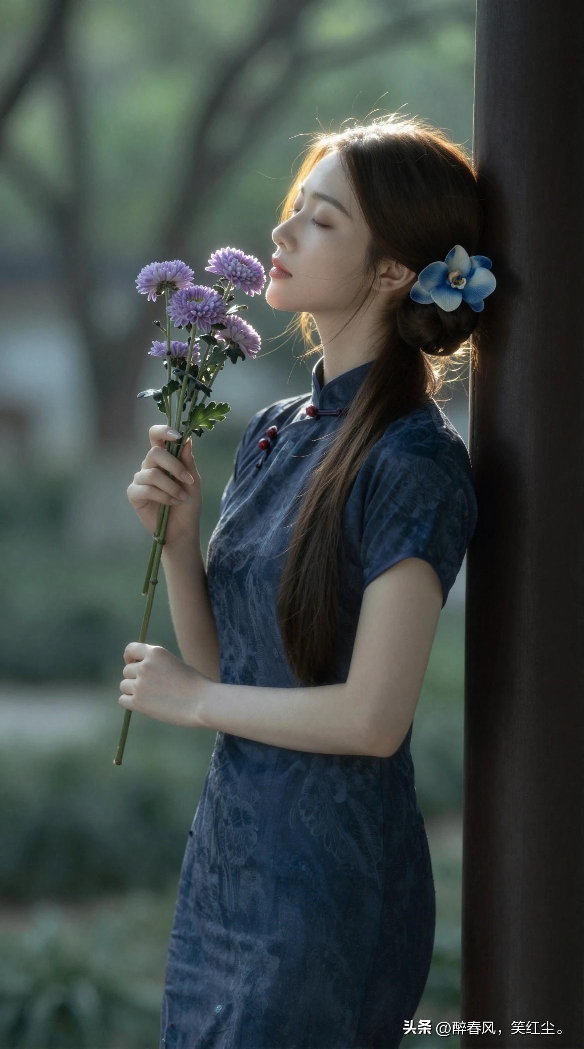 蓝旗袍的姐姐闭眼闻花香，发间小花好俏皮！这画面太温柔啦，连风都变甜了～