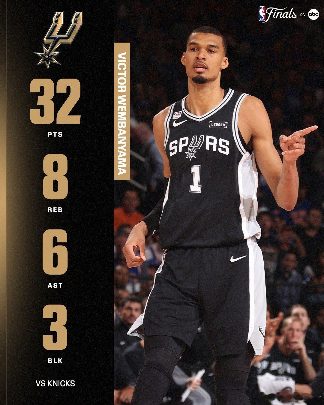 NBA 恭喜马刺扳回一城！尼克斯真的很强，比赛也打到了最后一刻！文班亚马32分8