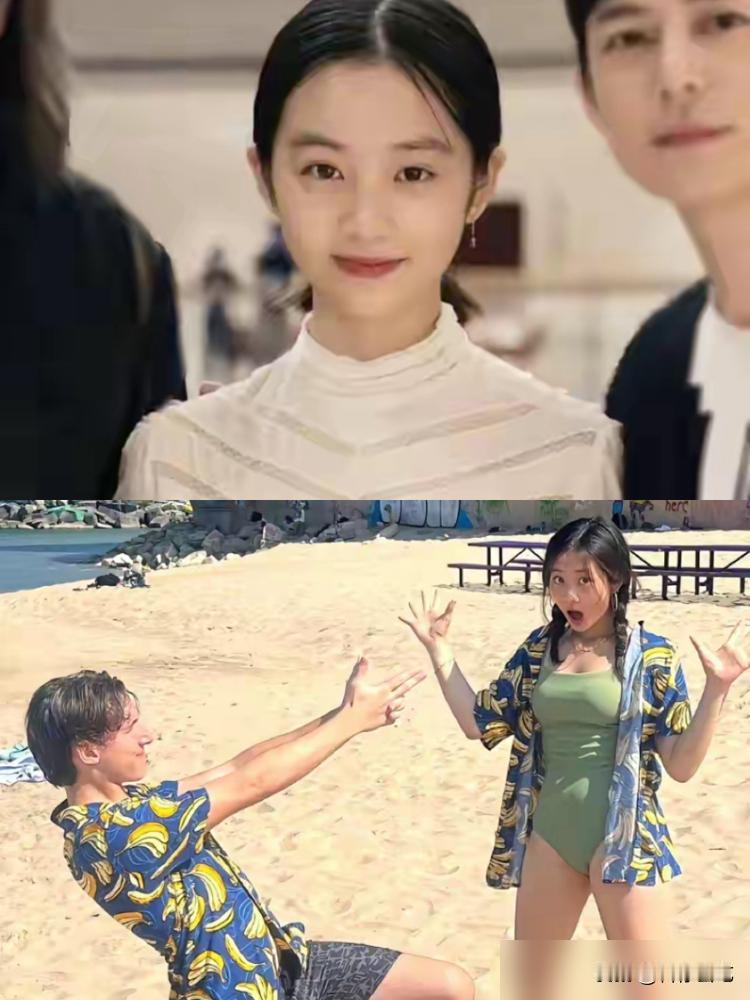 黄多多，17岁，一件泳衣。
照片里是沙滩，牛油果绿的连体泳衣，外搭黑色短裤，扎