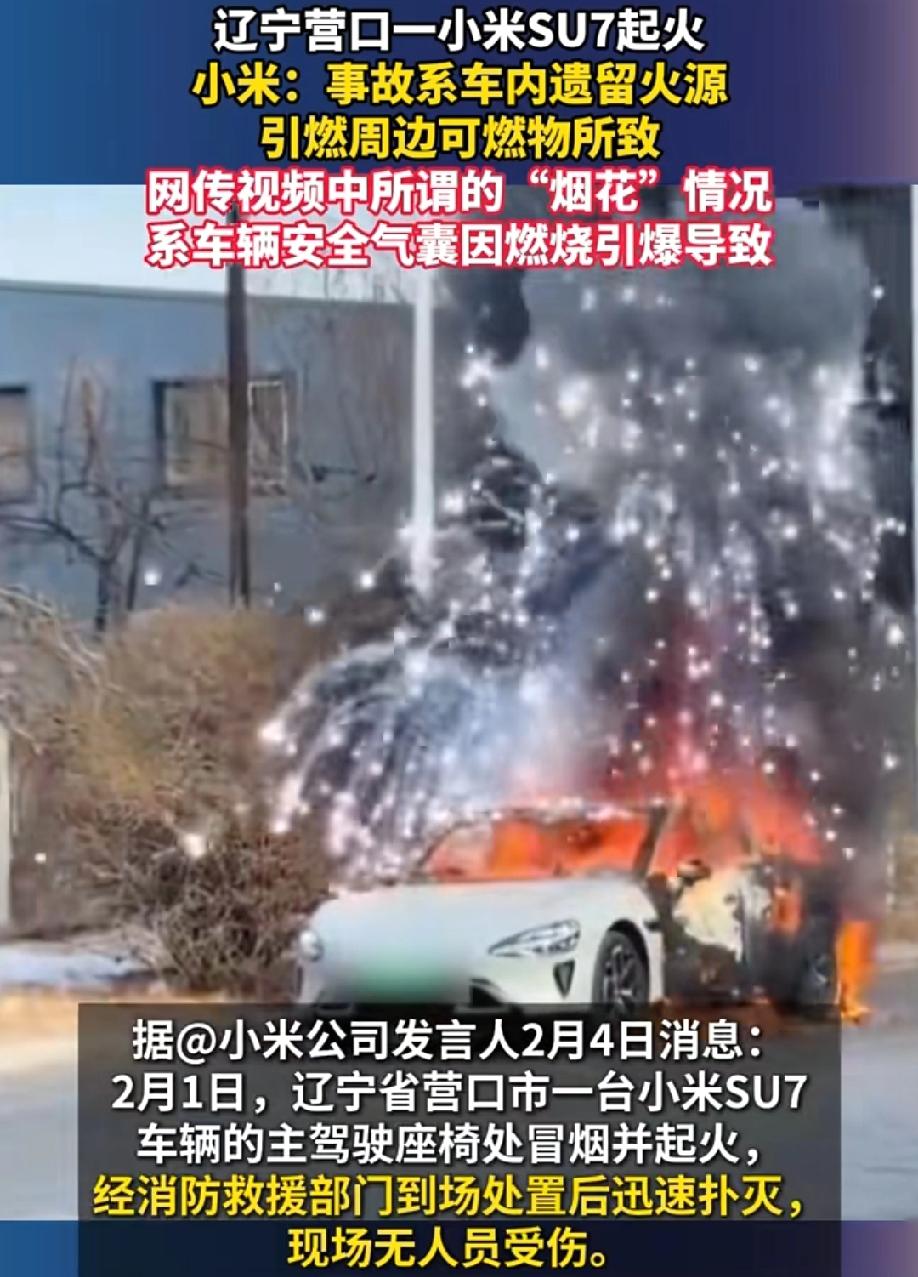 辽宁营口小米su7起火事故的认定书出来了，据说事故的原因是车内遗留火源引燃周边可