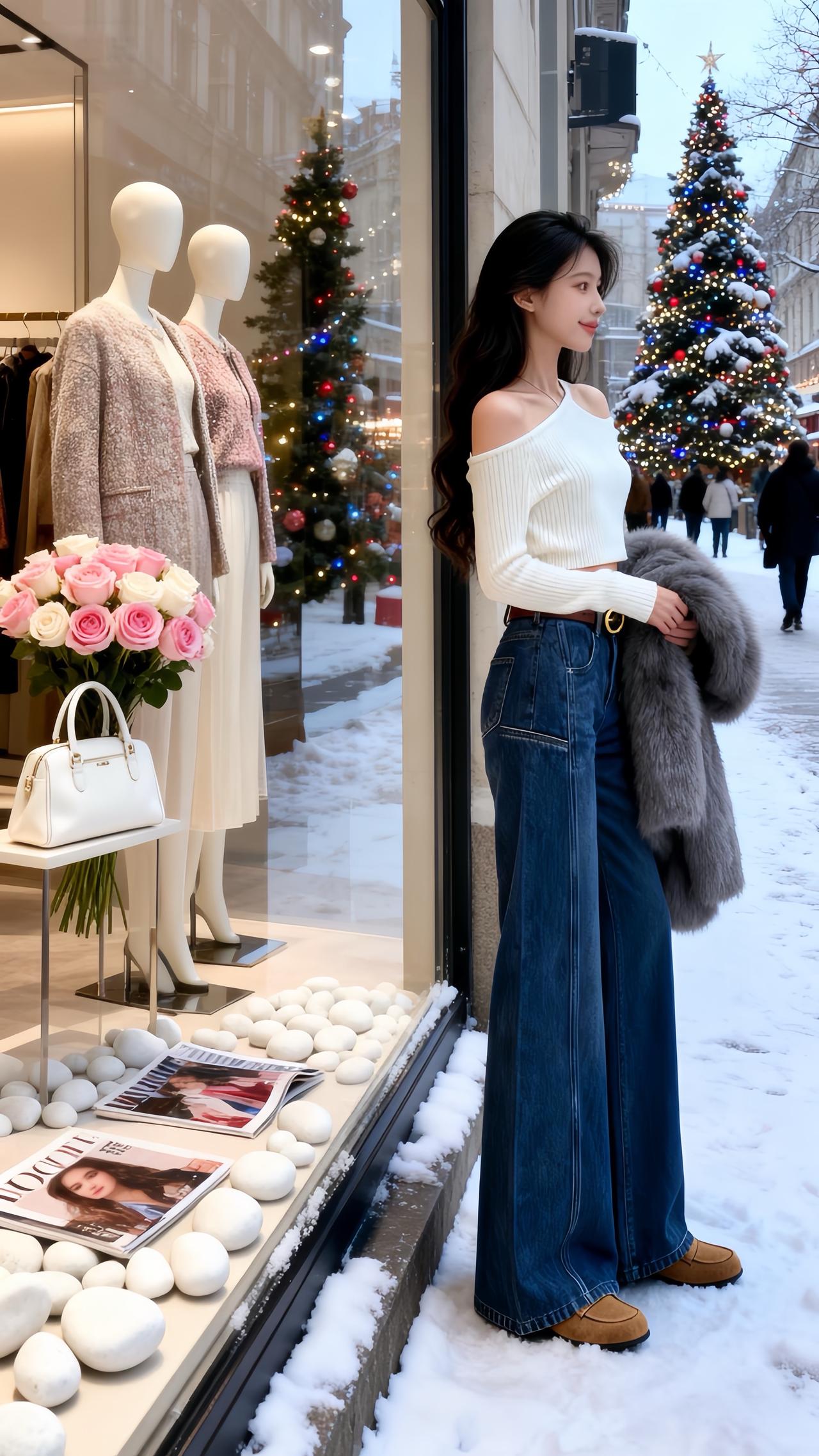 “宝子们！冬天想穿得又温柔又显腿长的，这套直接抄作业！
白色露肩针织+高腰阔腿裤