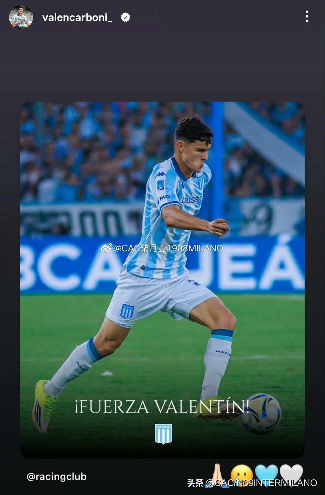 瓦伦丁'卡博尼训练中右膝十字韧带断裂受伤，
预计至少八个月的康复期。国少，国青，