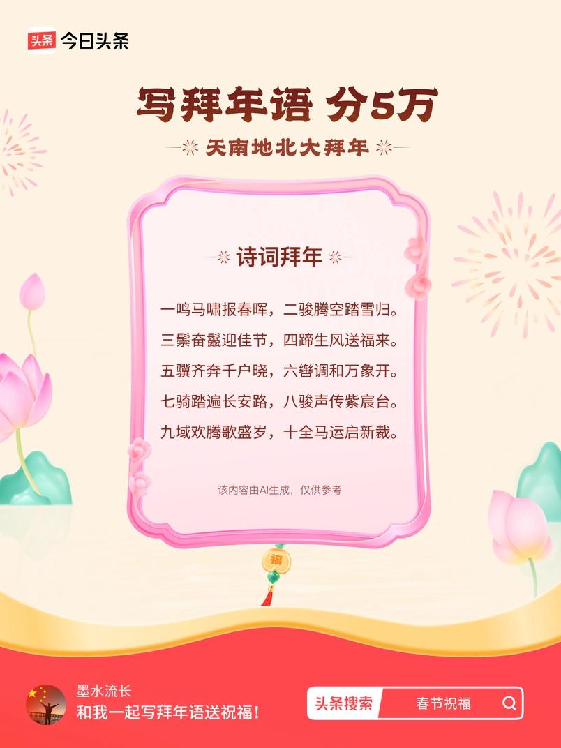 写拜年语送祝福新春拜年送祝福！我的祝福是：“一鸣马啸报春晖，二骏腾空踏雪归。三鬃