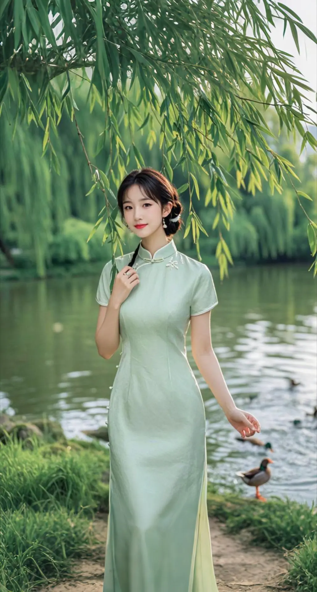 AI扩图 AI绿袍佳人赏景