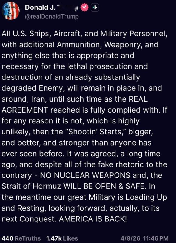 特朗普刚刚发文，把文攻武赫、边谈边打的斗争哲学发挥的淋漓尽致。

他表示：所有美