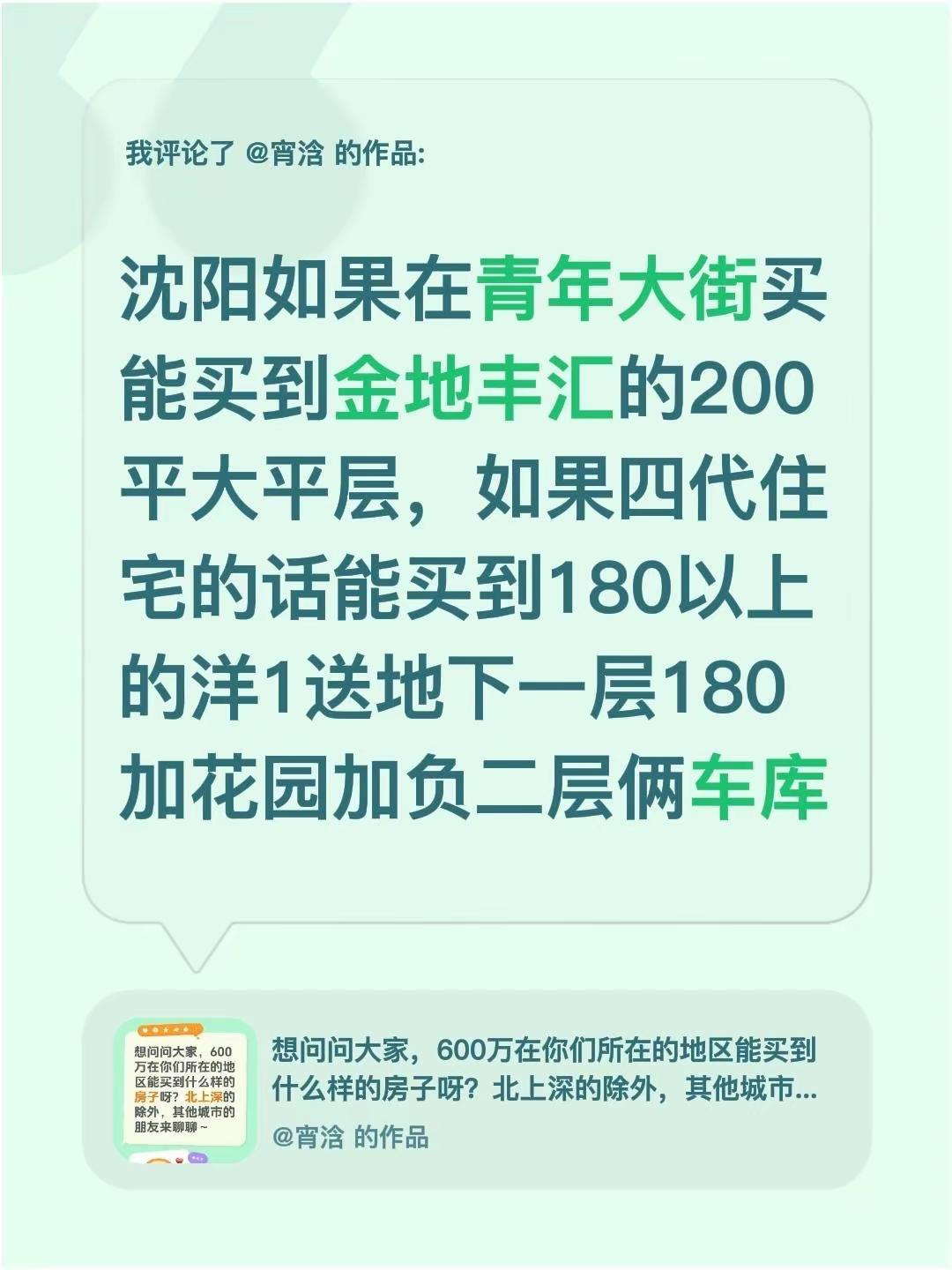 我评论了@宵浛 的作品：沈阳如果在青年大街买能买到金地丰汇的200平大平层，如果