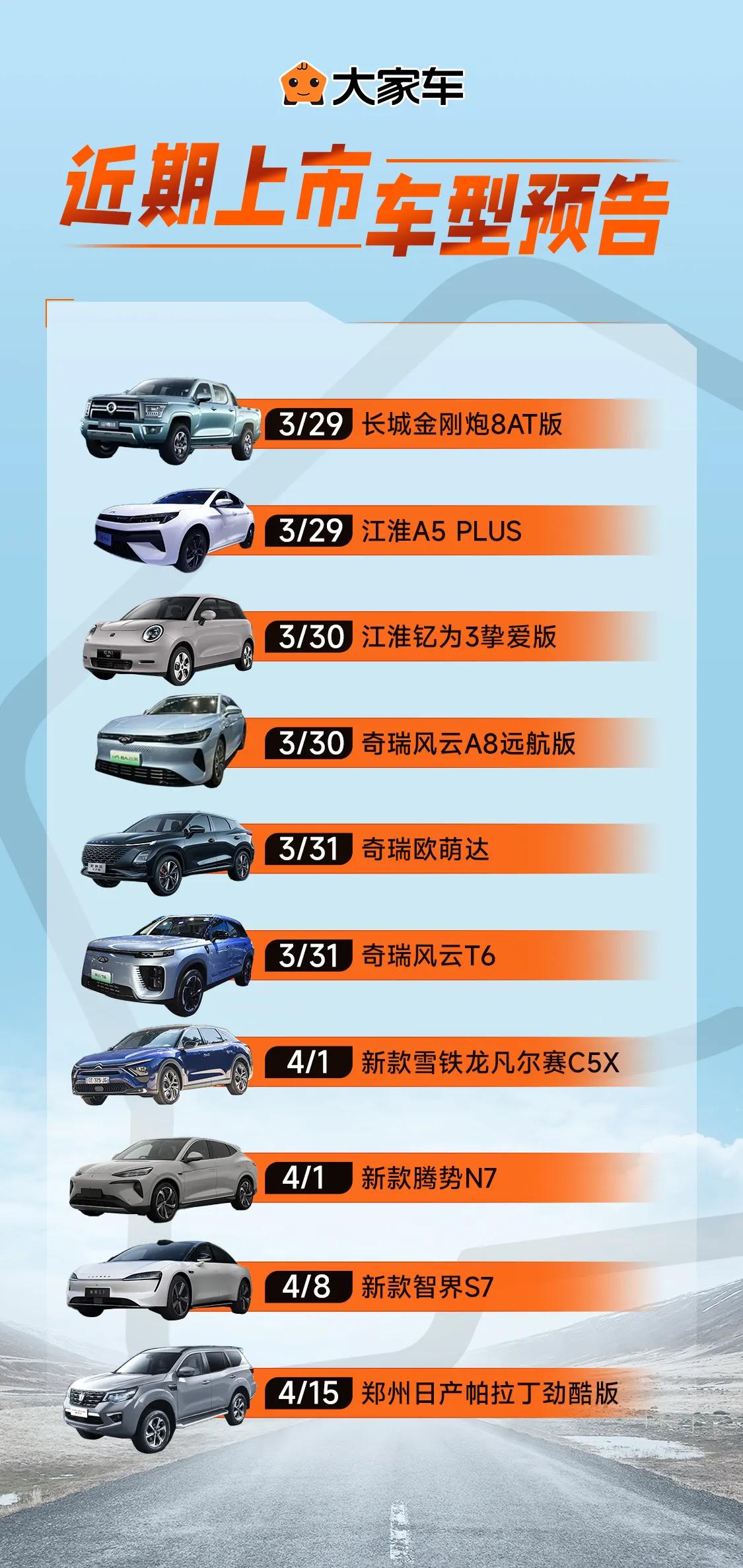 大家车近期上市预告来啦，大家关注哪些车型呢？欢迎给我们留言哟～
#大家车新车快报