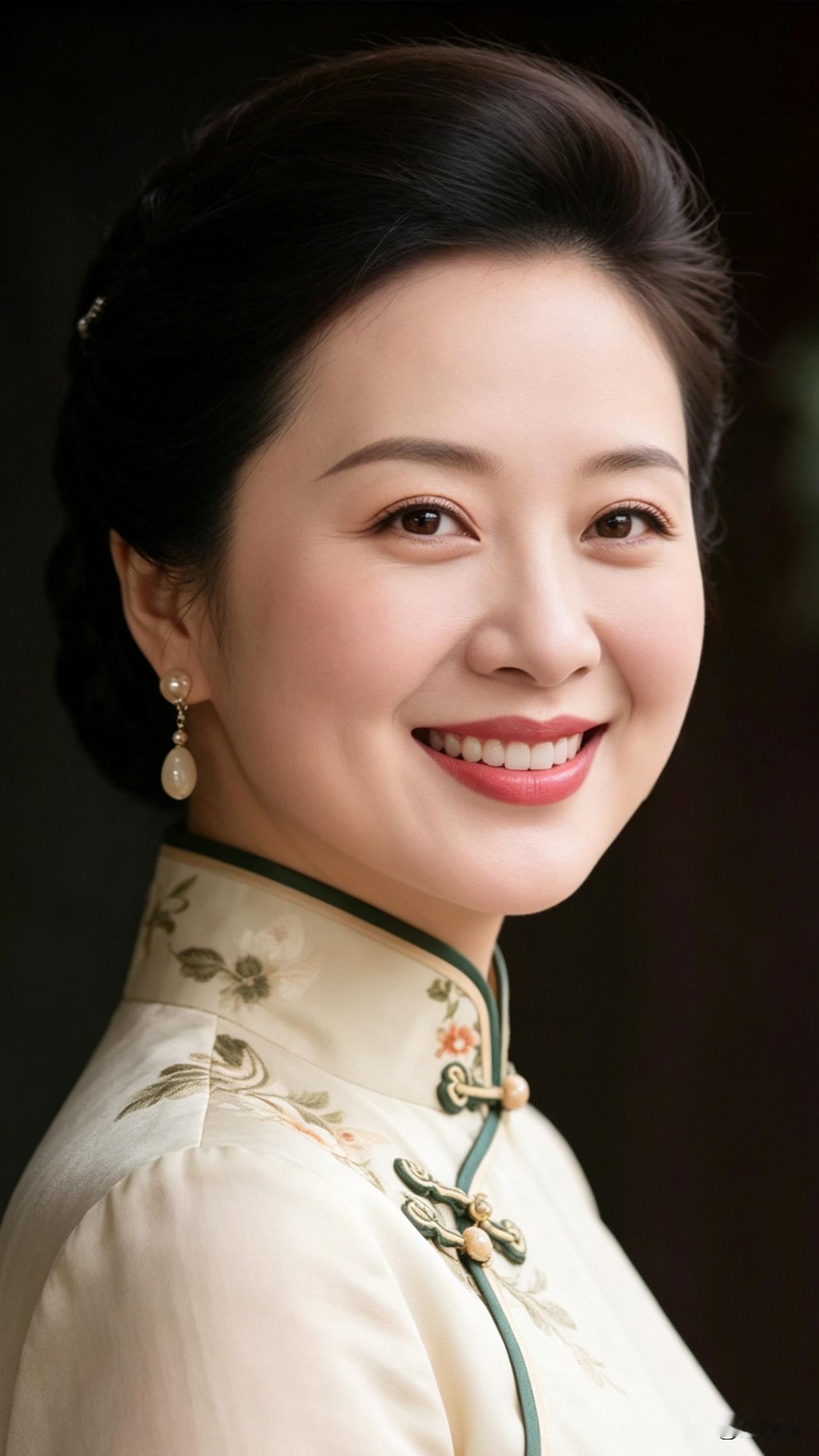 这就是老一辈说的“自带富贵相”吧！笑起来又端庄又大气，看着就很有福！